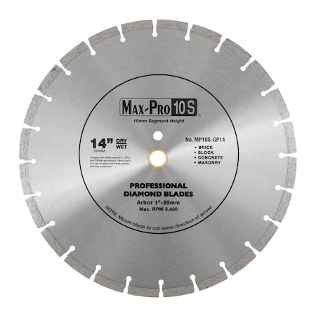 Paragon Diamond Tools 14'' x .125 x 1''(20mm) Max-Pro 10mm Segmented Diamond Blade MP10S-GP14